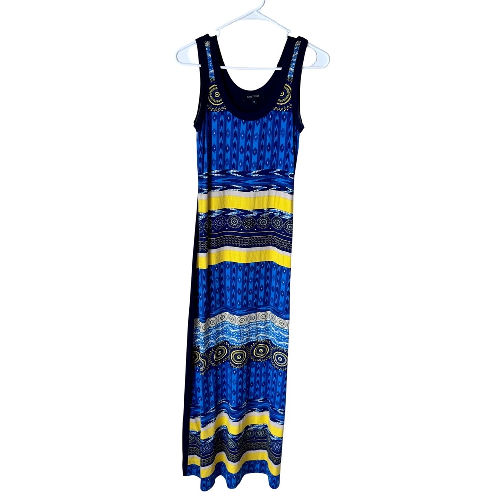 Karen Kane Blue Yellow Tribal Ikat Print Maxi Tank Dress XS 2L06183 USA Made